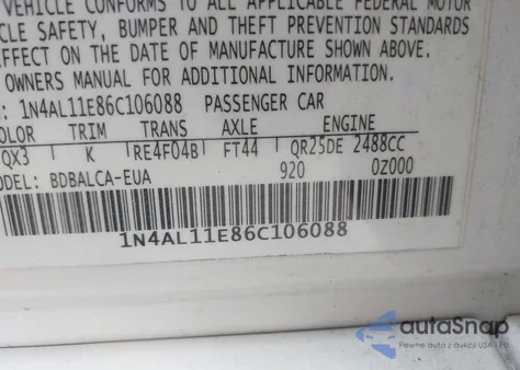 2006 Nissan Altima 2.5 S из США, поврежденный, VIN 1N4AL11E86C106088